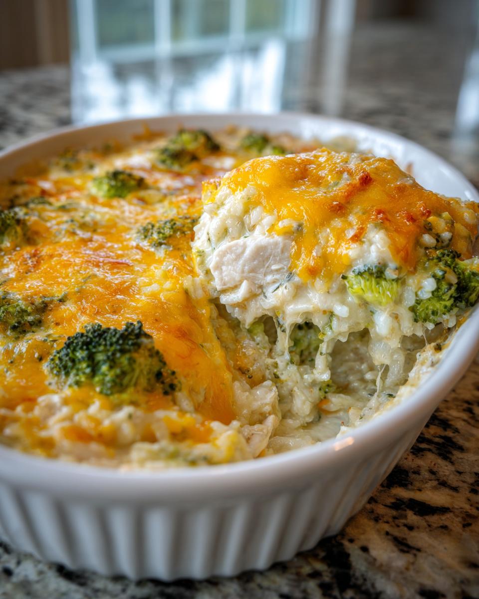 A spoonful of creamy chicken broccoli rice casserole topped with melted cheddar cheese being lifted from a white baking dish.