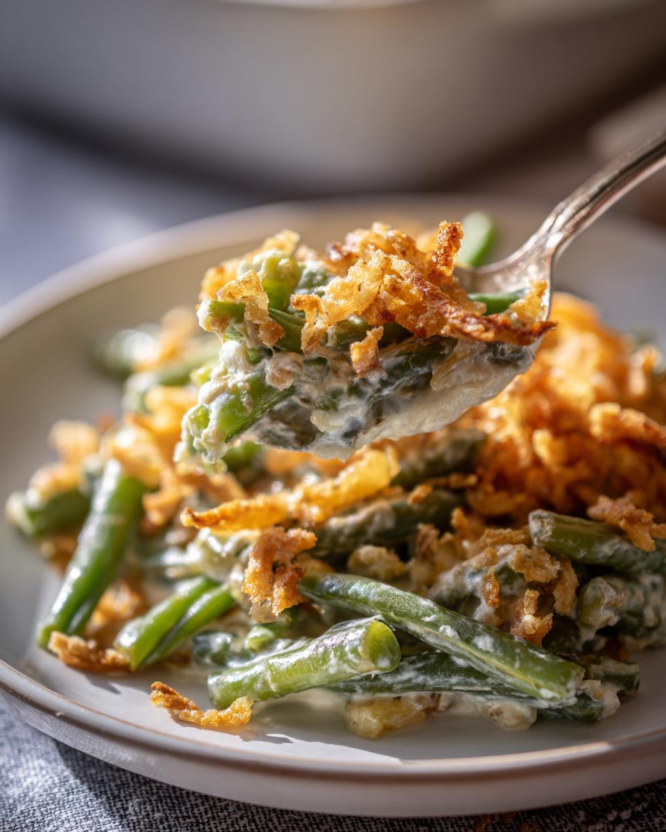 A spoonful of creamy green bean casserole topped with crispy fried onions being lifted from a plate.