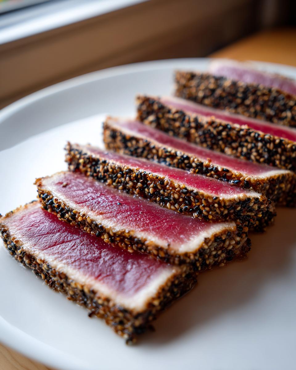 Close-up of perfectly cooked Seared Ahi Tuna slices, crusted with black and white sesame seeds.