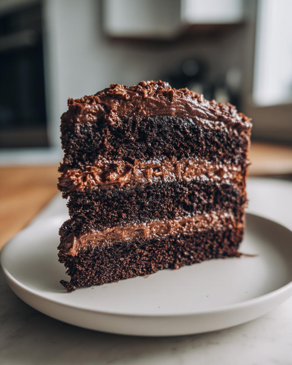 Close-up of a decadent slice of german chocolate cake recipe with three layers of dark cake and thick chocolate frosting.