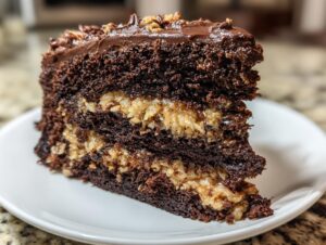 A close-up of a decadent slice of german chocolate cake recipe showing dark chocolate layers and gooey coconut pecan filling.