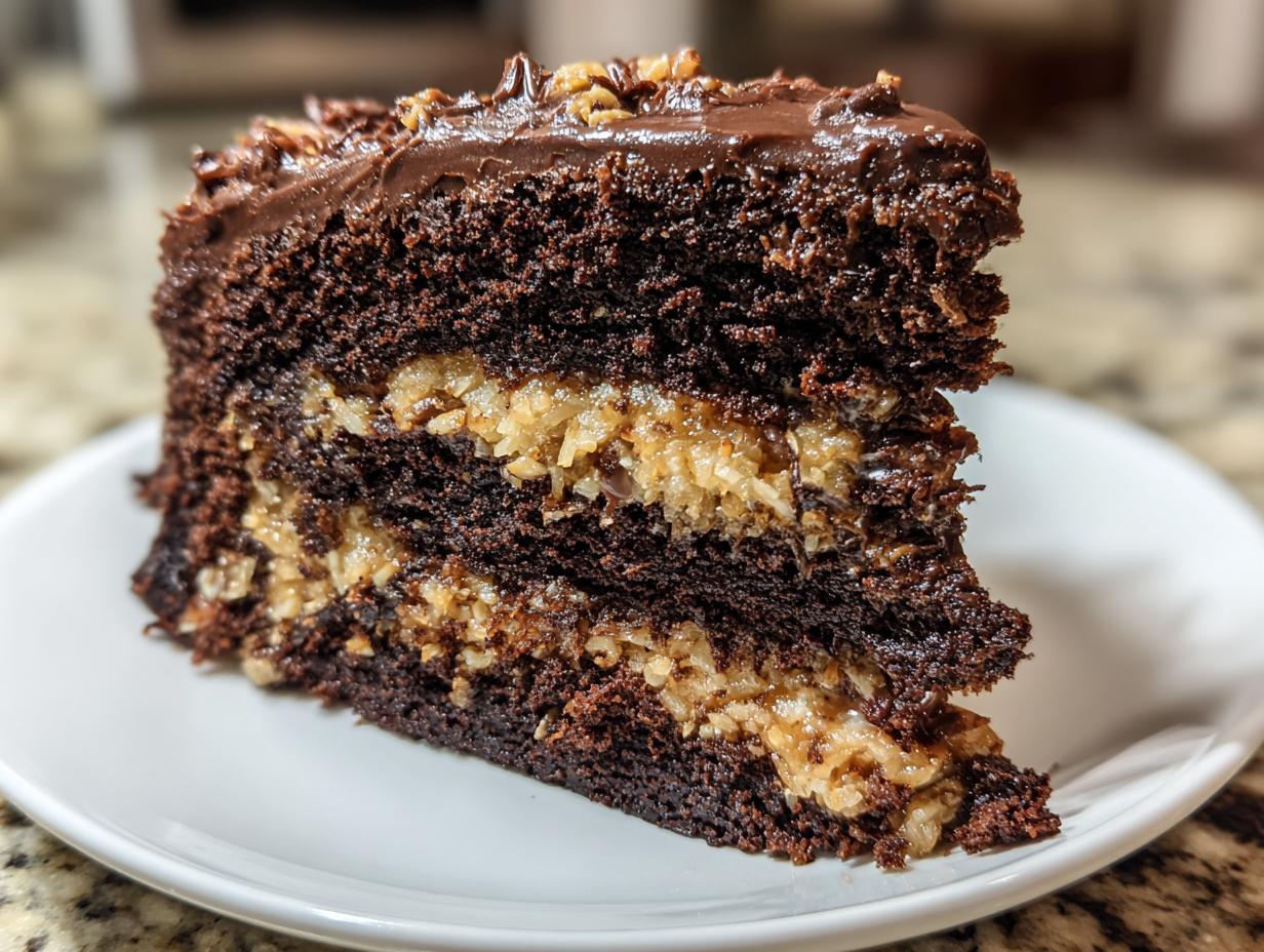 A close-up of a decadent slice of german chocolate cake recipe showing dark chocolate layers and gooey coconut pecan filling.