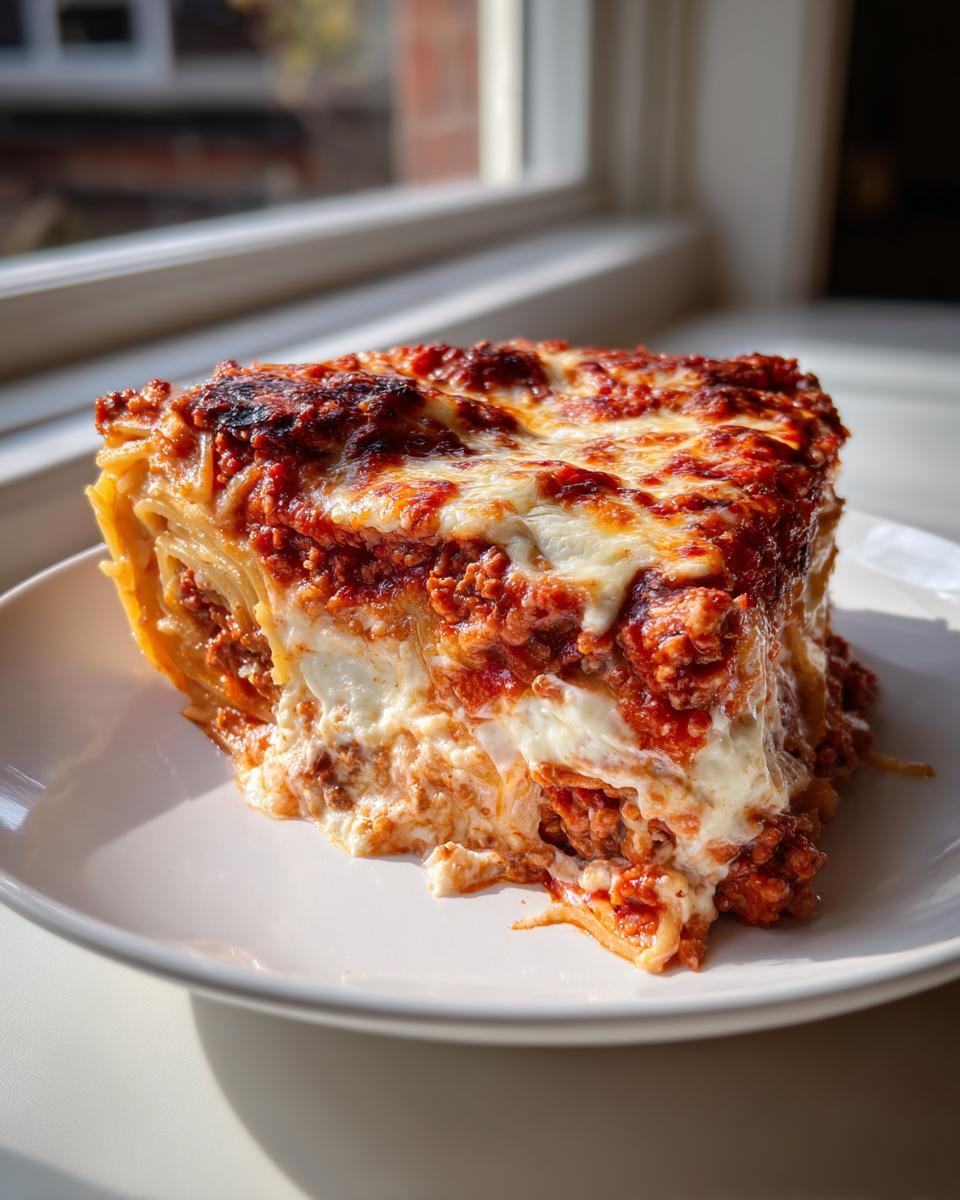 A thick, square slice of baked spaghetti pie layered with meat sauce and melted mozzarella cheese.