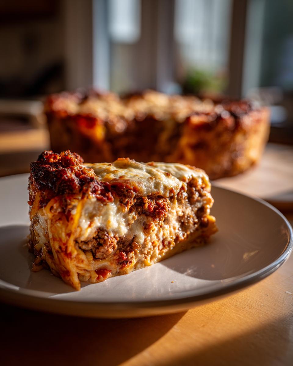 A thick slice of baked spaghetti pie showing layers of pasta, meat sauce, and melted cheese, served on a white plate.