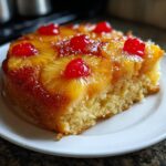 A moist slice of pineapple upside down cake topped with caramelized pineapple rings and maraschino cherries.