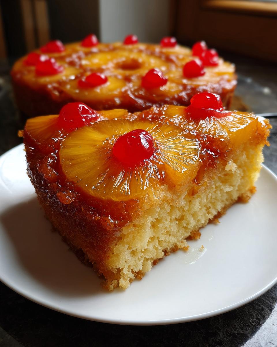 A close-up slice of moist pineapple upside down cake topped with caramelized pineapple and a maraschino cherry.
