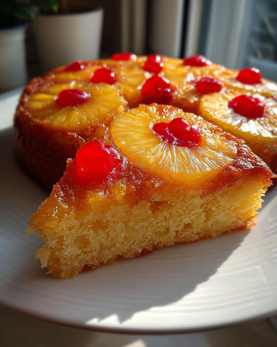 A slice of moist pineapple upside down cake topped with caramelized pineapple rings and bright red maraschino cherries.