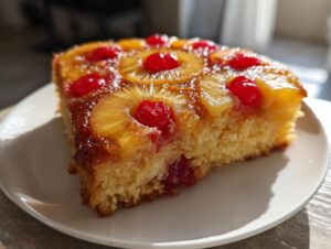A close-up slice of moist pineapple upside down cake topped with caramelized pineapple rings and bright red maraschino cherries.