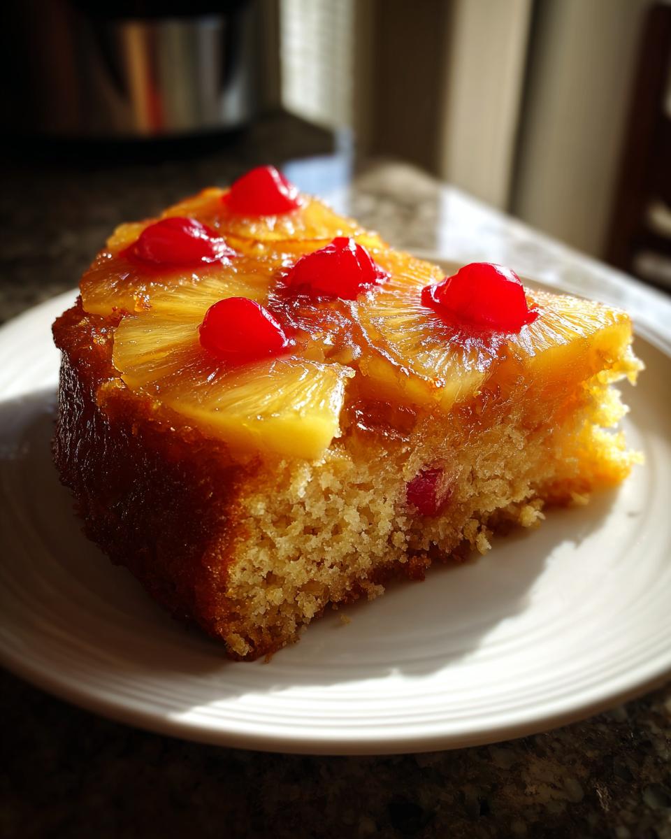 A moist slice of pineapple upside down cake topped with caramelized pineapple rings and bright red maraschino cherries.