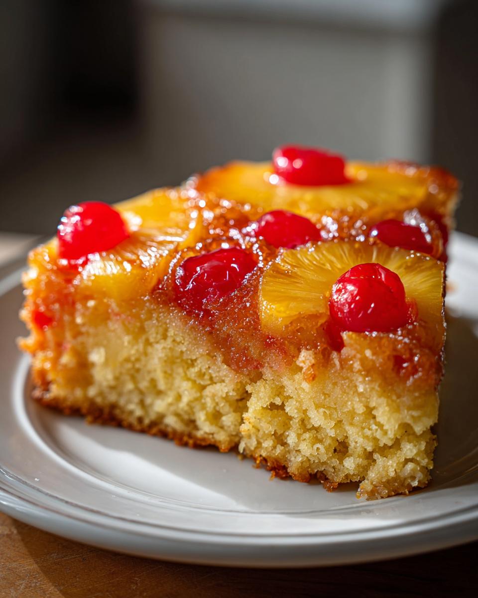 A close-up of a moist slice of pineapple upside down cake topped with caramelized pineapple rings and bright red maraschino cherries.