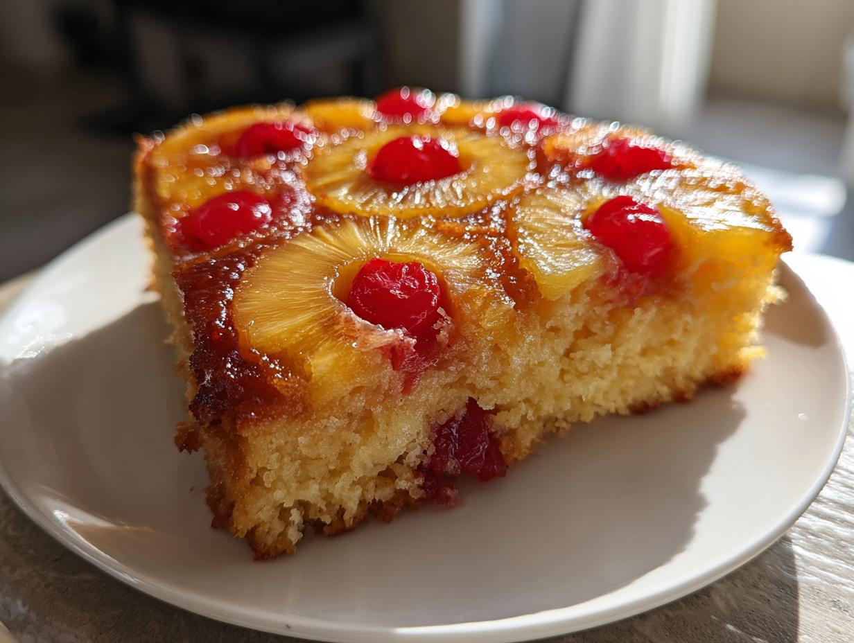 A close-up slice of moist pineapple upside down cake topped with caramelized pineapple rings and bright red maraschino cherries.