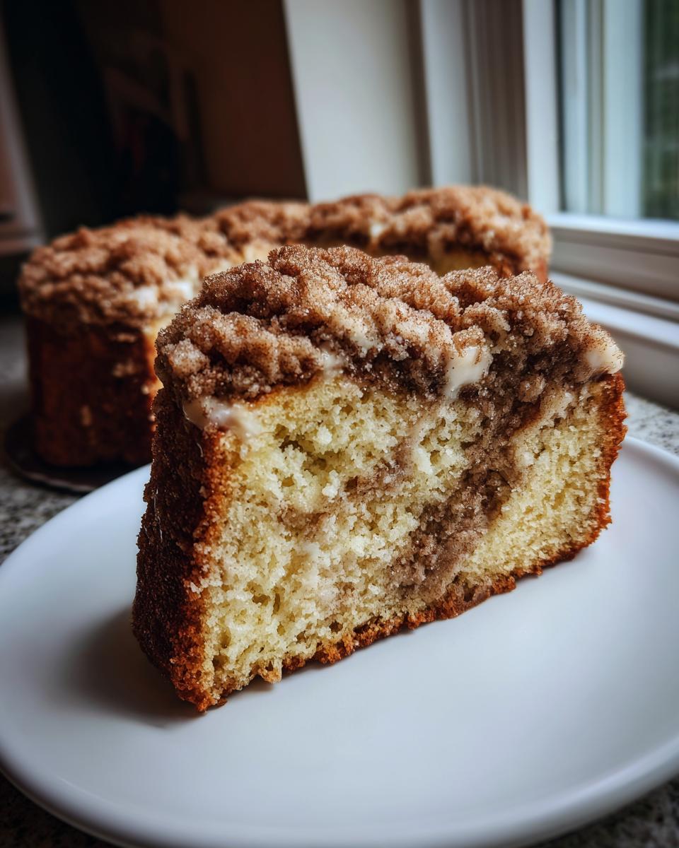 A close-up slice of moist sour cream coffee cake featuring a cinnamon swirl and thick crumb topping.