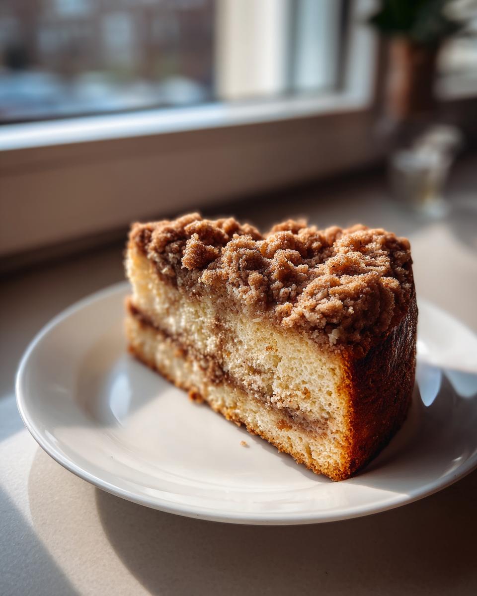 A delicious slice of sour cream coffee cake with a thick cinnamon streusel topping, served on a white plate.
