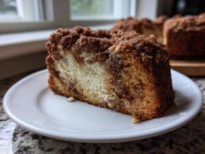 A generous slice of moist sour cream coffee cake featuring a thick cinnamon streusel topping, served on a white plate.