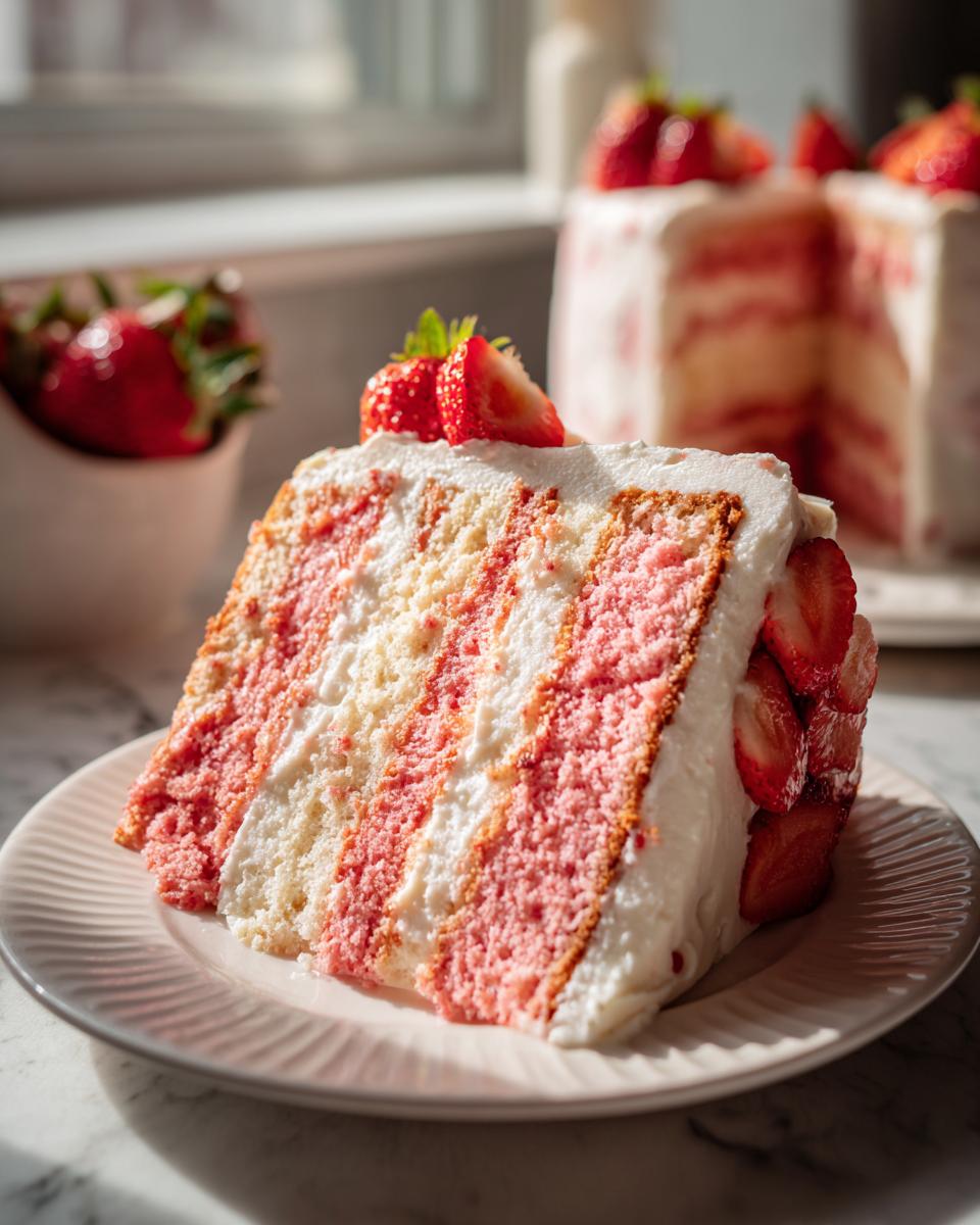 A tall slice of strawberry cake with pink and white marbled layers, white frosting, and fresh strawberries on top.