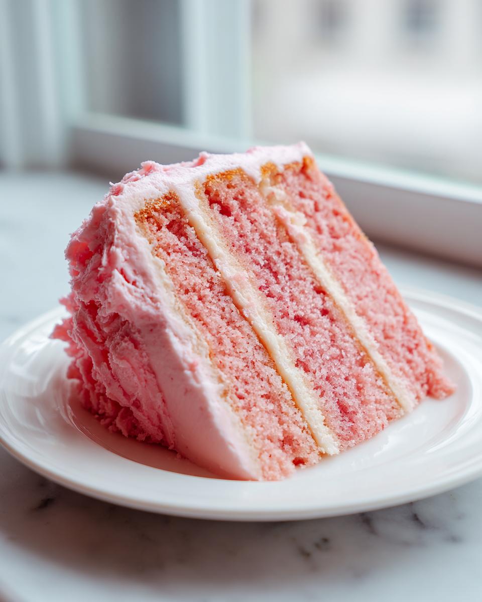 A tall slice of pink strawberry cake with white frosting layers served on a white plate.