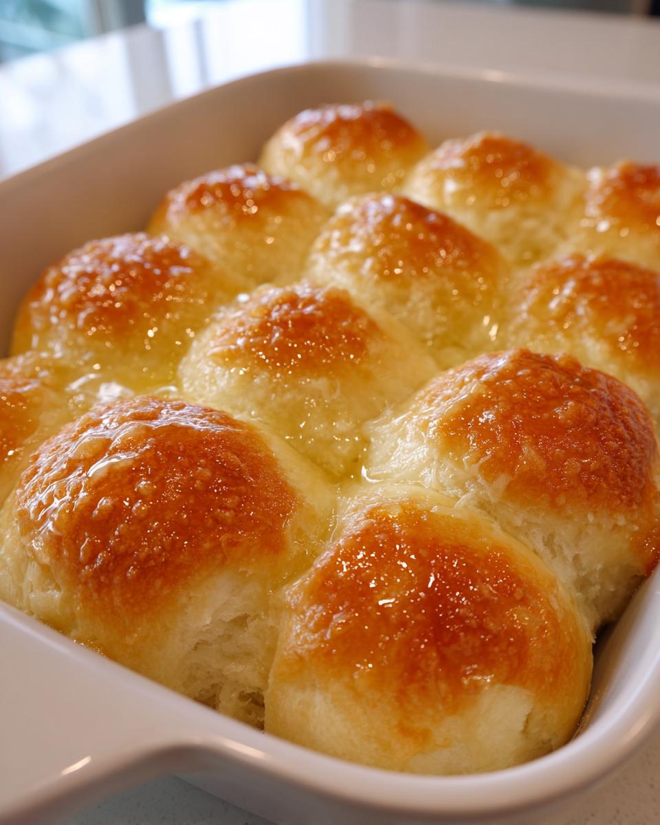 Close-up of golden brown, soft dinner rolls baked together in a white dish and generously brushed with melted butter.
