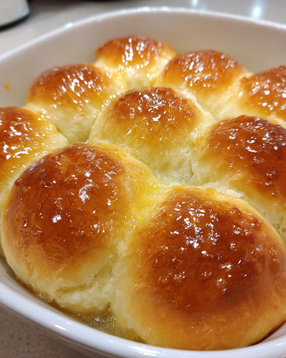 Close-up of freshly baked, golden brown dinner rolls covered in a shiny butter glaze, nestled together in a white dish.