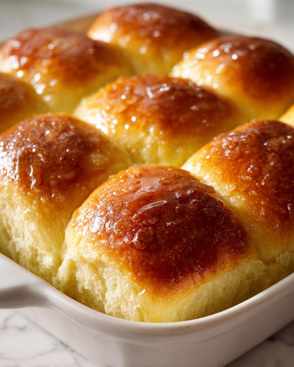 Close-up of golden brown, soft dinner rolls baked together in a white dish and brushed with a shiny glaze.