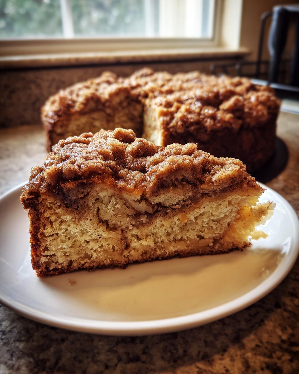 A close-up of a slice of moist sour cream coffee cake with a thick cinnamon streusel topping on a white plate.