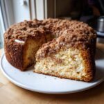 A slice cut from a whole sour cream coffee cake, showing the moist interior and thick cinnamon streusel topping.