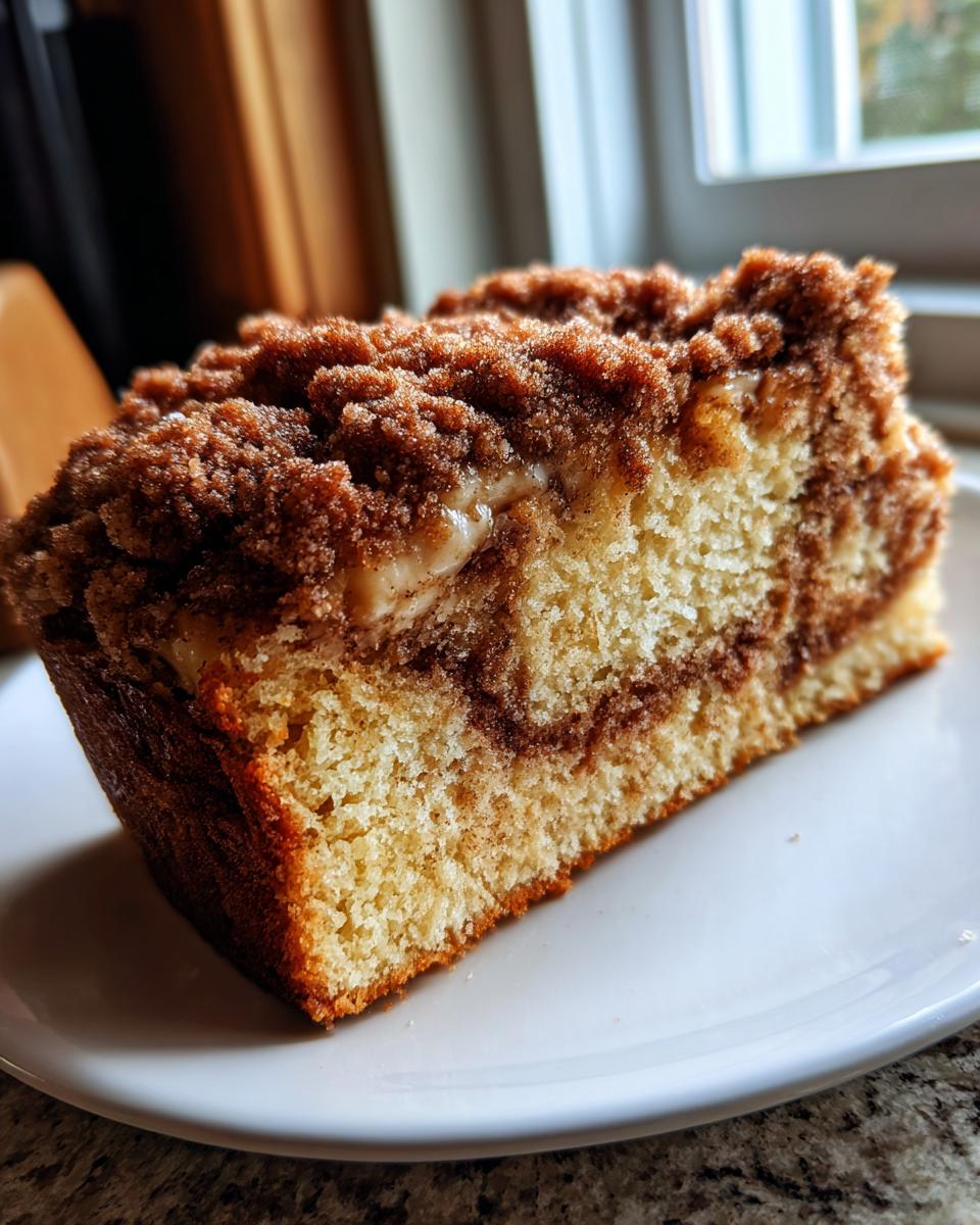 A close-up of a moist slice of sour cream coffee cake featuring a thick cinnamon streusel topping and a visible swirl of filling.