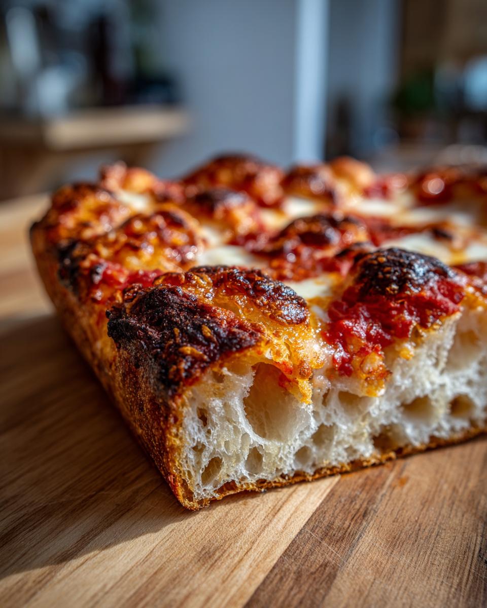 Close-up cross-section showing the airy crumb structure of sourdough discard pizza dough topped with charred cheese and sauce.