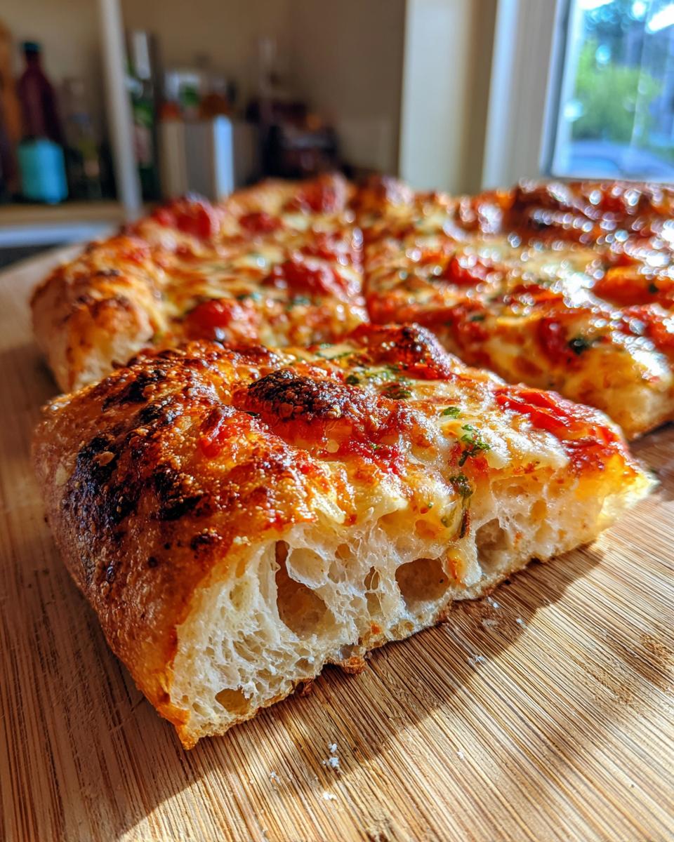 Close-up of a thick slice of pizza made with sourdough discard pizza dough, showing the airy, open crumb structure.