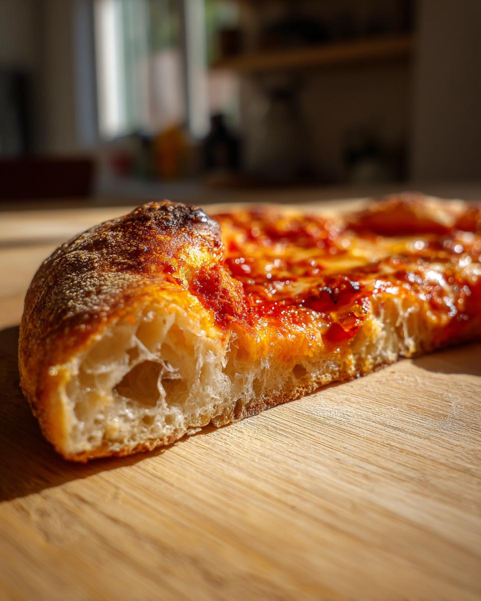 Close-up of a slice of pizza showing the airy, open crumb structure made from sourdough discard pizza dough.