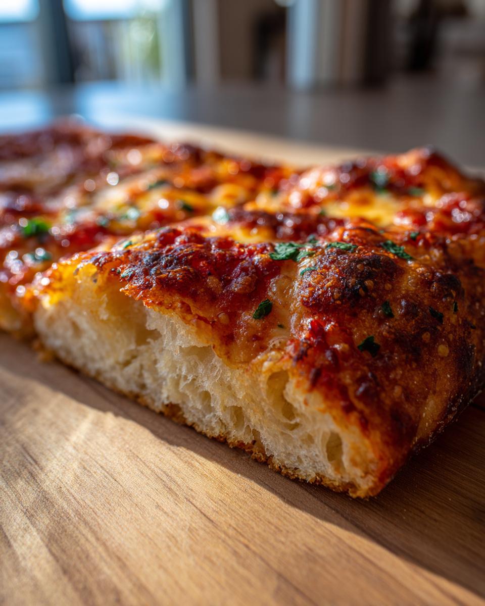 A close-up cross-section showing the airy crumb structure of sourdough discard pizza dough topped with melted cheese and sauce.
