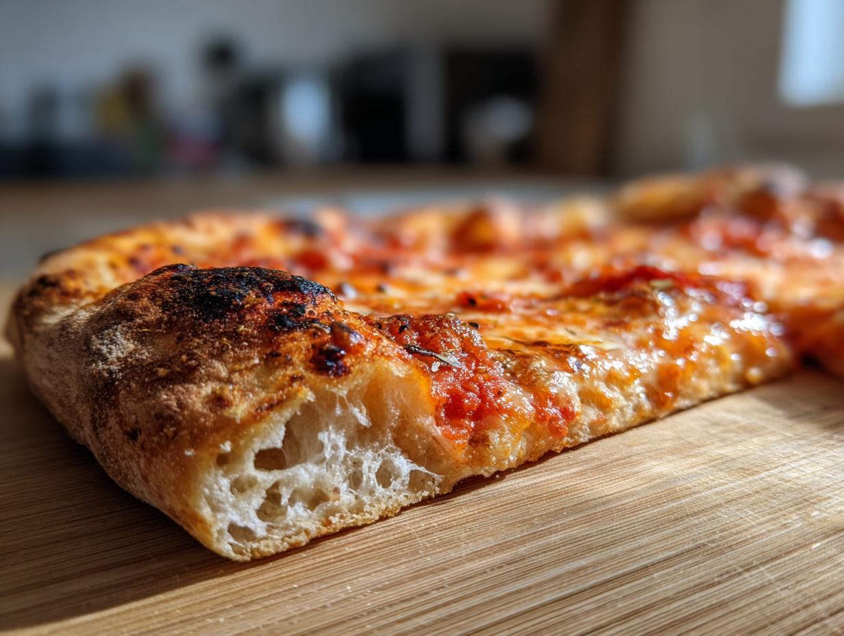 Close-up of a slice of pizza showing the airy interior structure of the sourdough discard pizza dough crust.