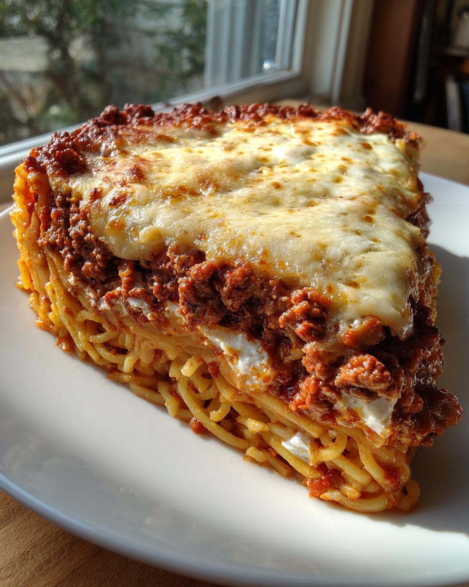 A thick, tall slice of baked spaghetti pie showing layers of spaghetti, ricotta, meat sauce, and melted mozzarella cheese topping.
