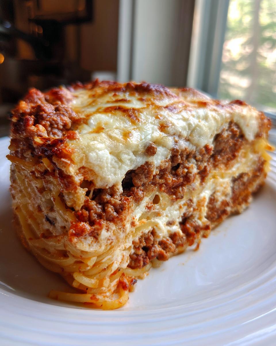 A thick slice of baked spaghetti pie with layers of meat sauce and melted cheese on a white plate.