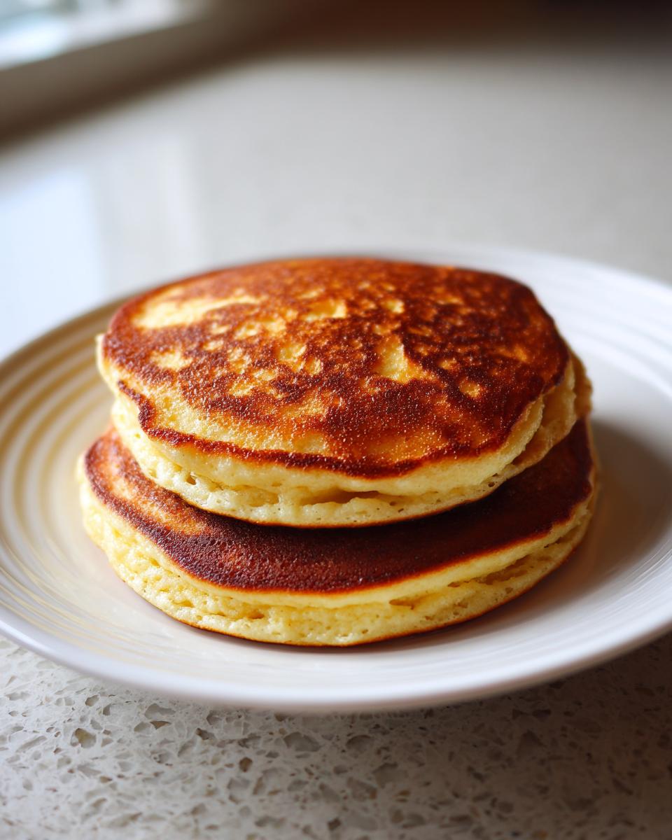 A stack of two perfectly golden brown almond flour pancakes on a white plate.