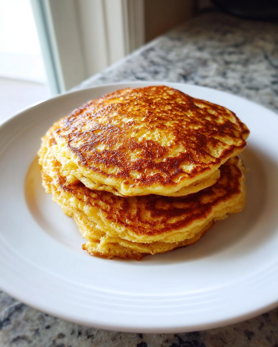 A stack of three golden-brown almond flour pancakes served on a white plate.