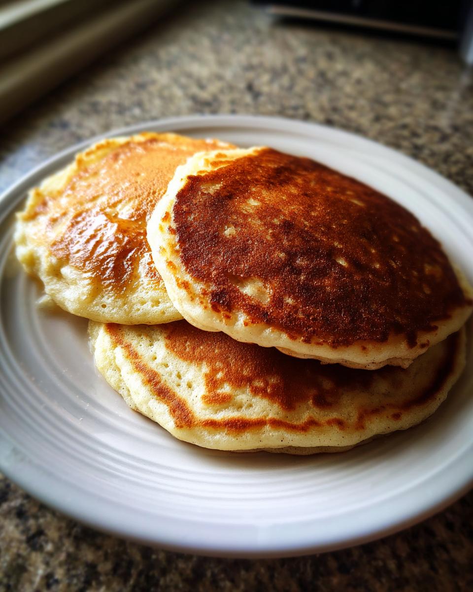 A stack of three perfectly cooked almond flour pancakes with golden-brown tops served on a white plate.