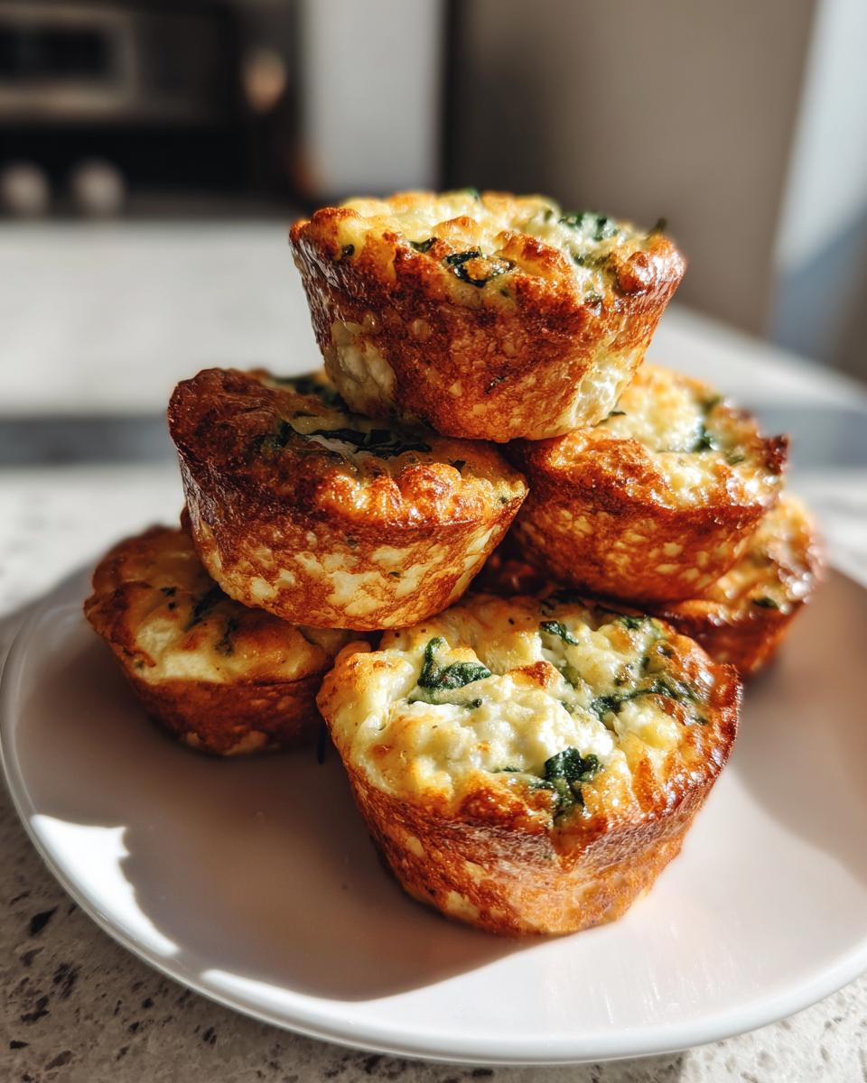 A stack of five golden brown, fluffy egg bites with visible spinach, served on a white plate.