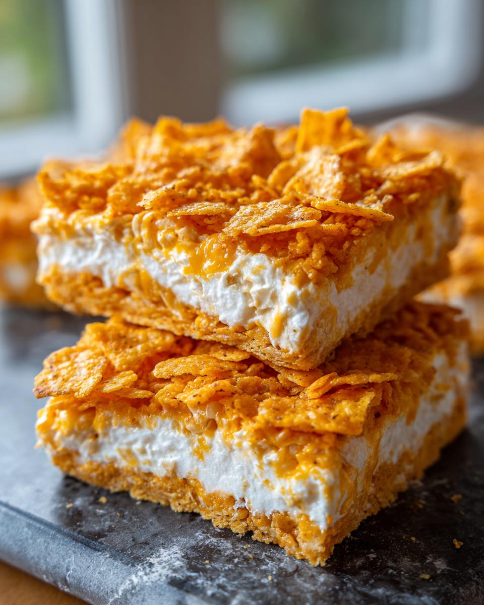 Two stacked squares of a layered no-bake Dorito Casserole dessert featuring a creamy white filling and crunchy orange Dorito topping.