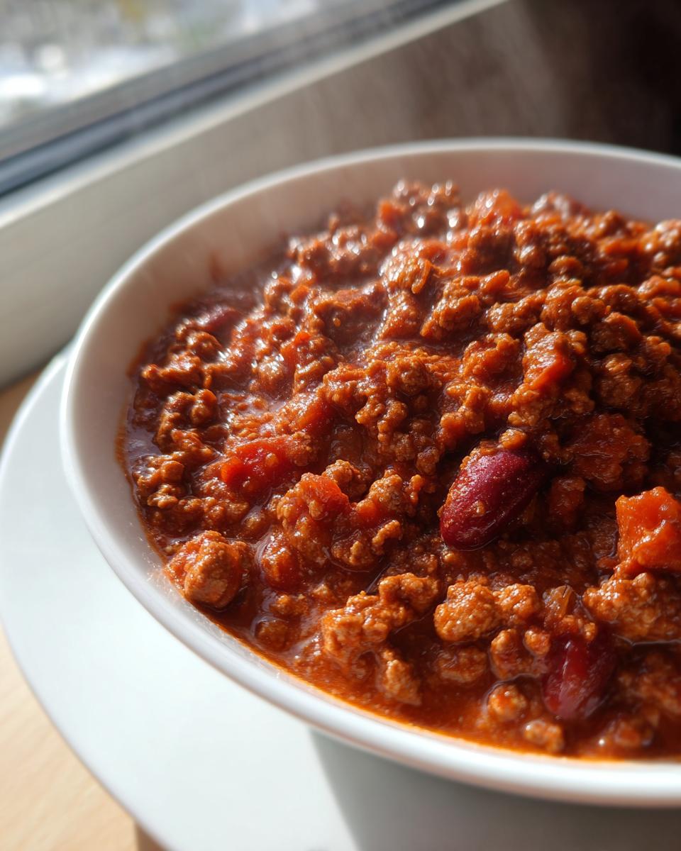 Close-up of a steaming white bowl filled with rich, thick crockpot chili featuring ground meat and kidney beans.