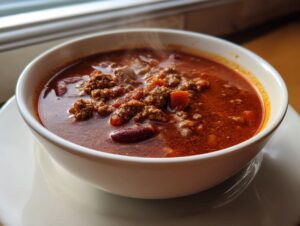 Close-up of a steaming white bowl filled with rich, red crockpot chili featuring ground beef and kidney beans.