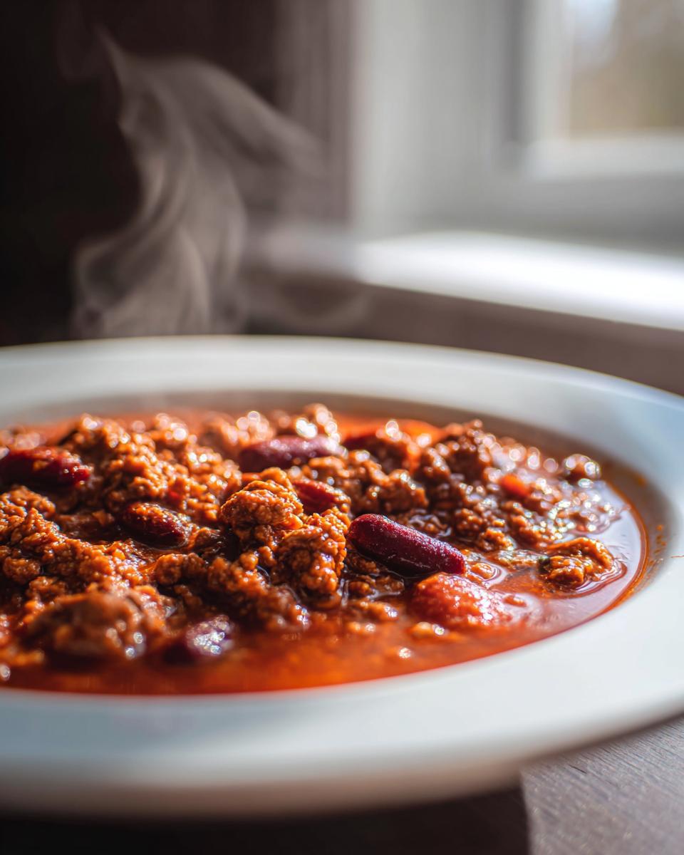 Close-up of a steaming white bowl filled with rich, hearty crockpot chili featuring ground meat and kidney beans.