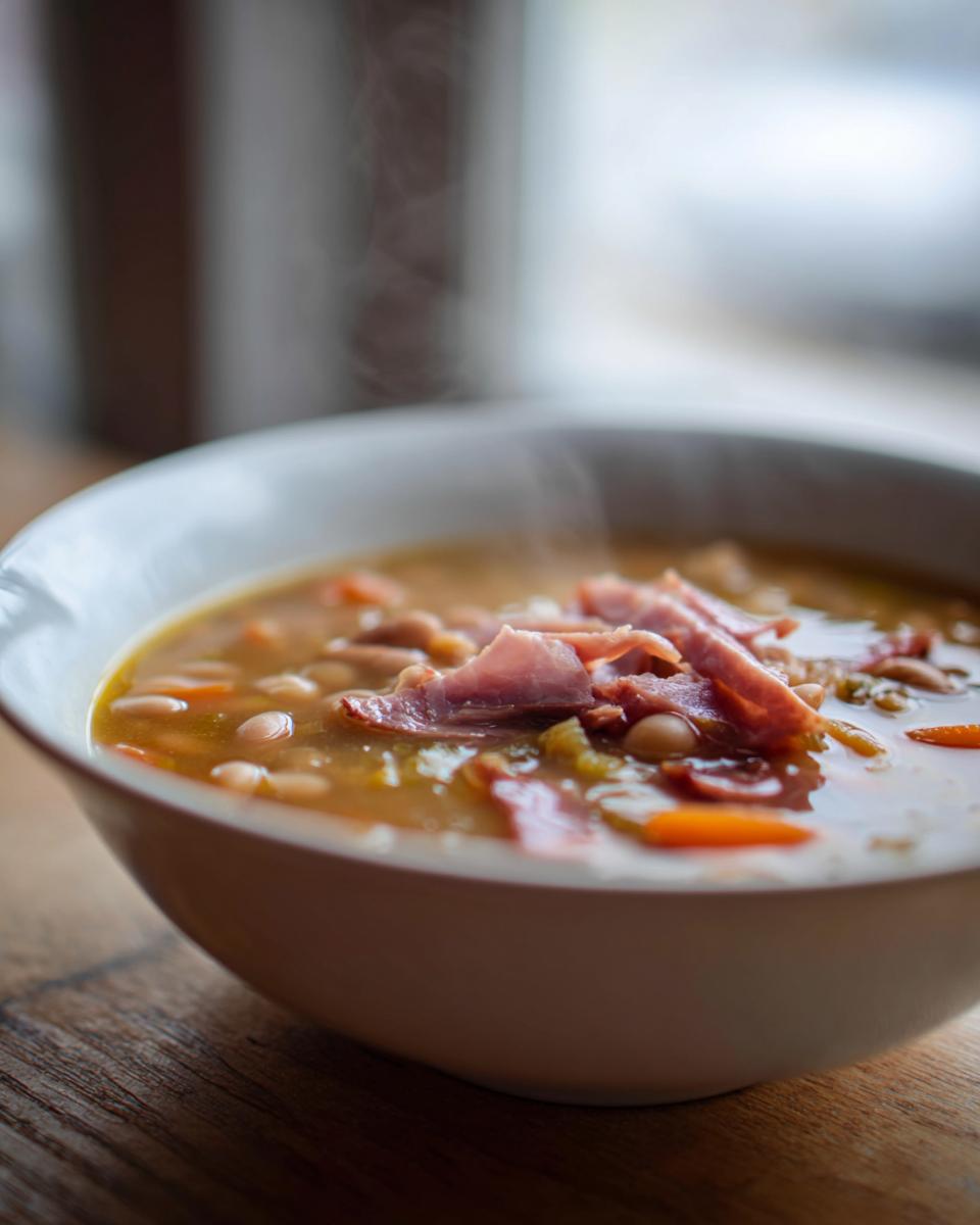 Close-up of a steaming white bowl filled with hearty Ham and Bean Soup, topped with slices of ham and visible carrots.