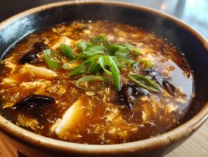 Close-up of a steaming bowl of rich, dark hot and sour soup recipe garnished with sliced green onions.