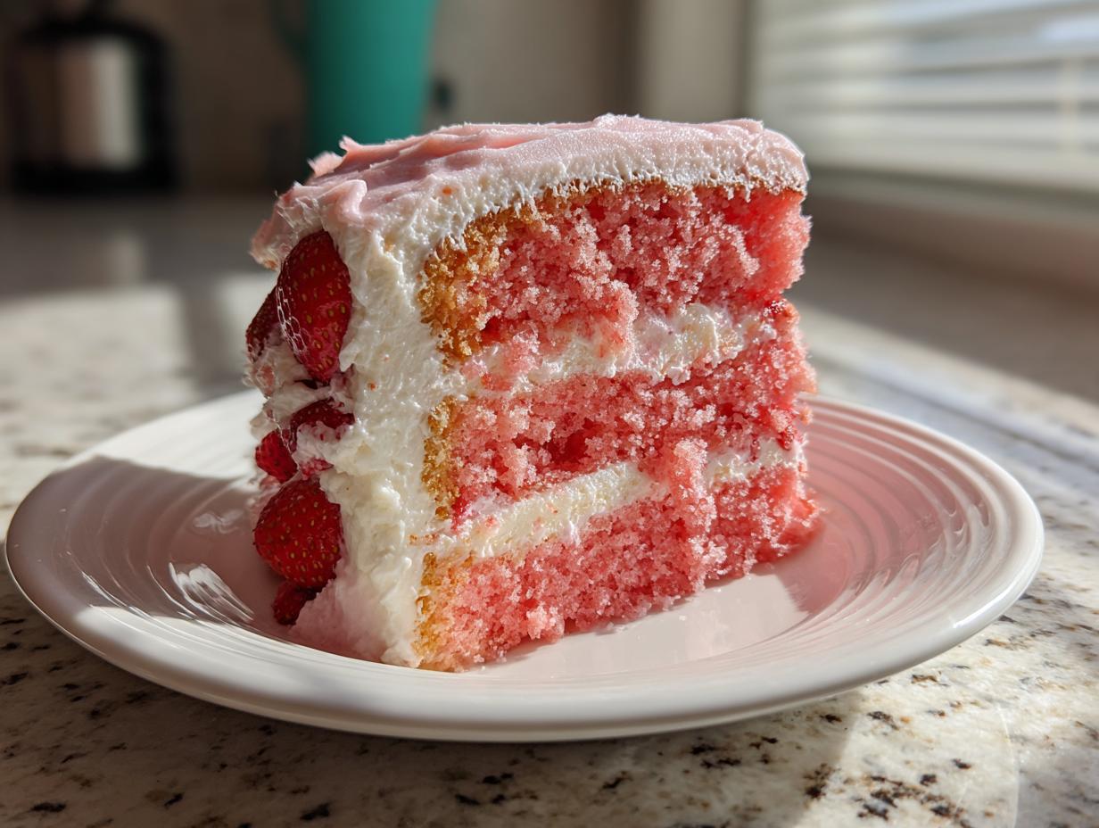 A close-up slice of pink strawberry cake with white frosting and fresh strawberries, sitting on a white plate.