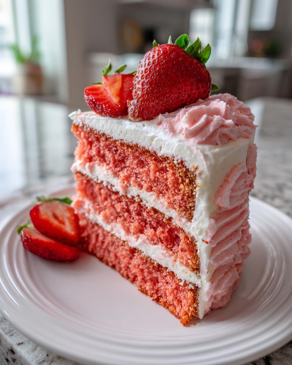 A tall slice of pink layered strawberry cake with white frosting and fresh strawberries on top.