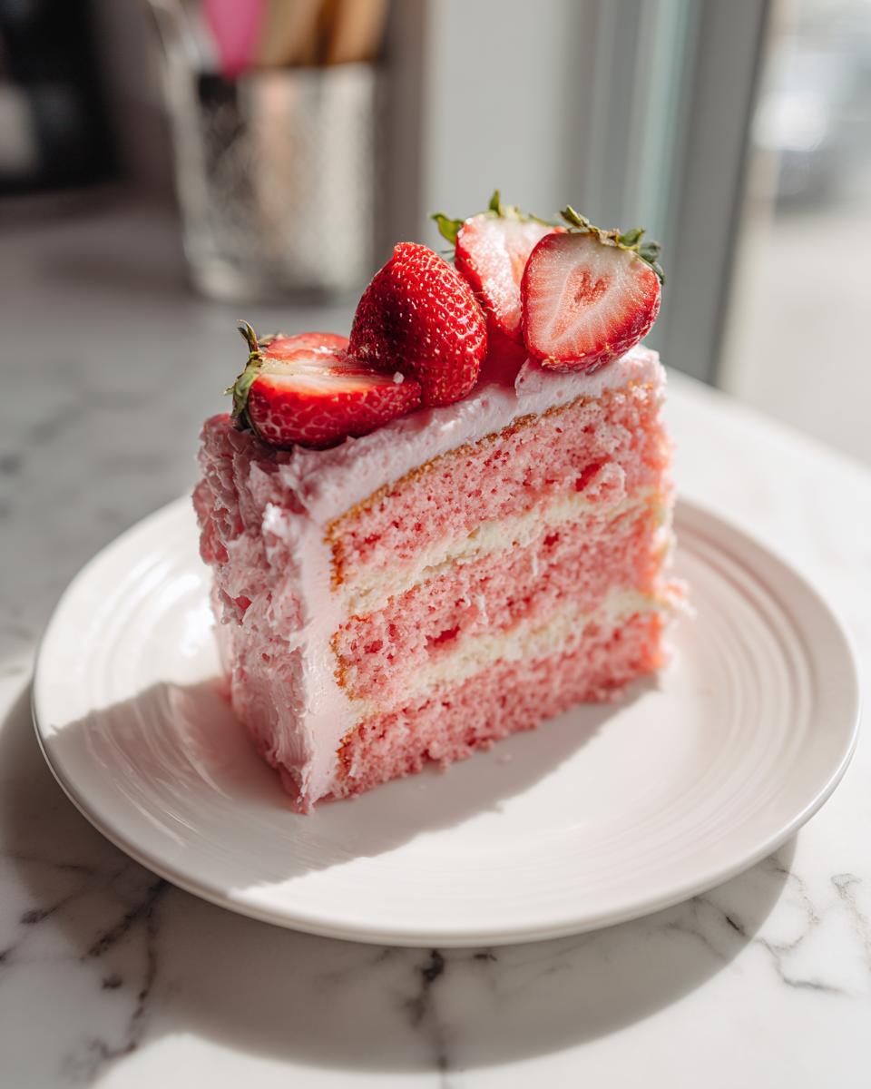 A tall slice of pink layered strawberry cake topped with fresh strawberries on a white plate.