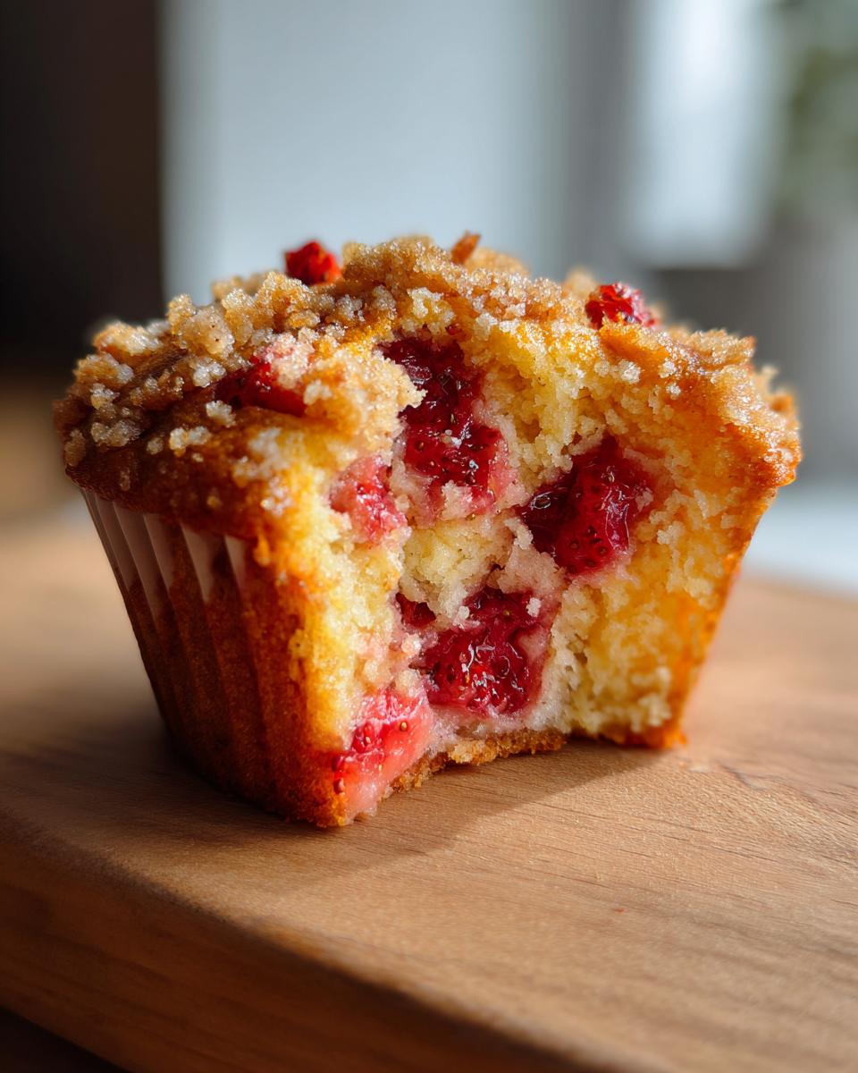 A close-up view of a strawberry muffin with a bite taken out, revealing juicy strawberries and a crumbly streusel topping.
