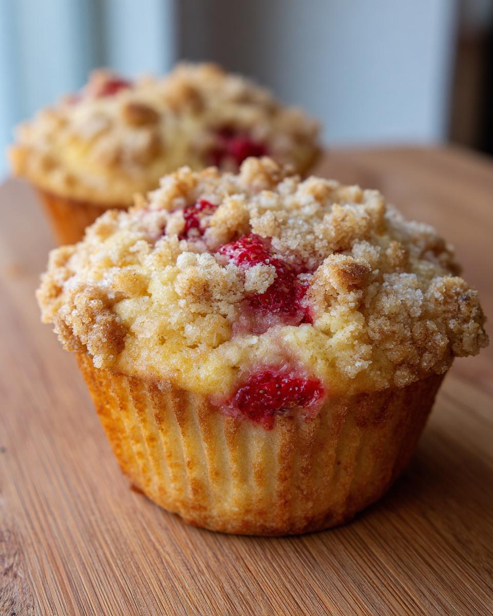 A close-up of a freshly baked strawberry muffin topped with a generous layer of golden brown streusel topping.