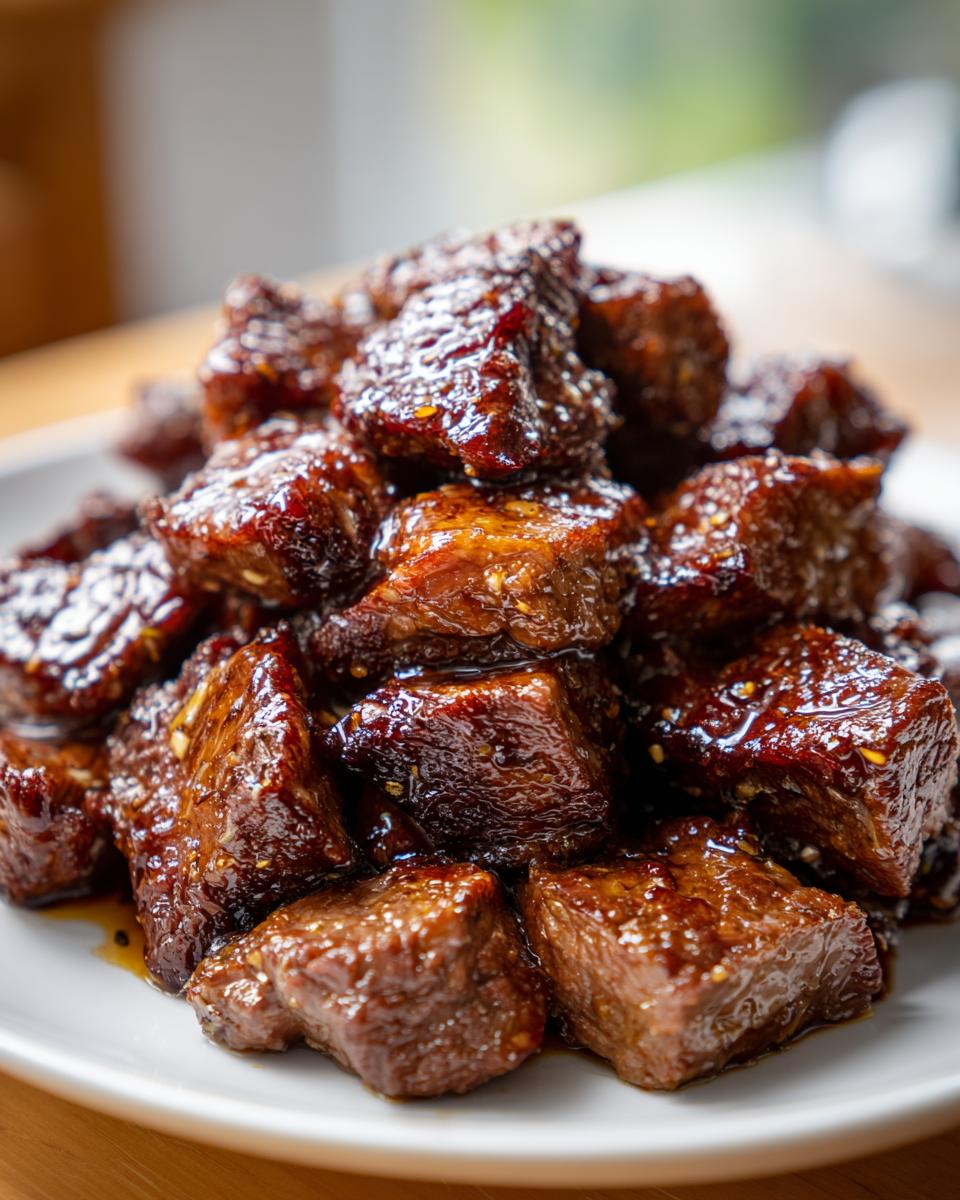Close-up of tender, cubed crockpot steak bites piled high on a white plate, coated in a dark, glossy sauce.