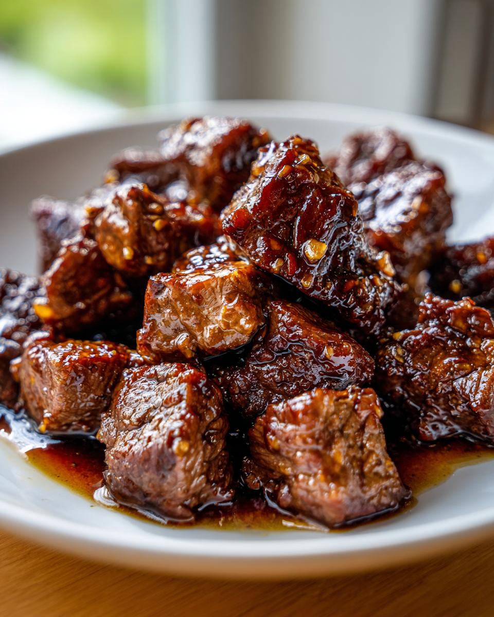 Close-up of tender crockpot steak bites coated in a thick, glossy, dark brown sauce with visible chili flakes.